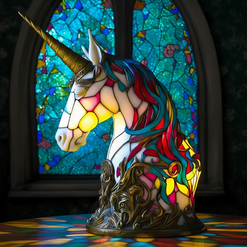 Luminária Unicórnio Vitral Esculpida
