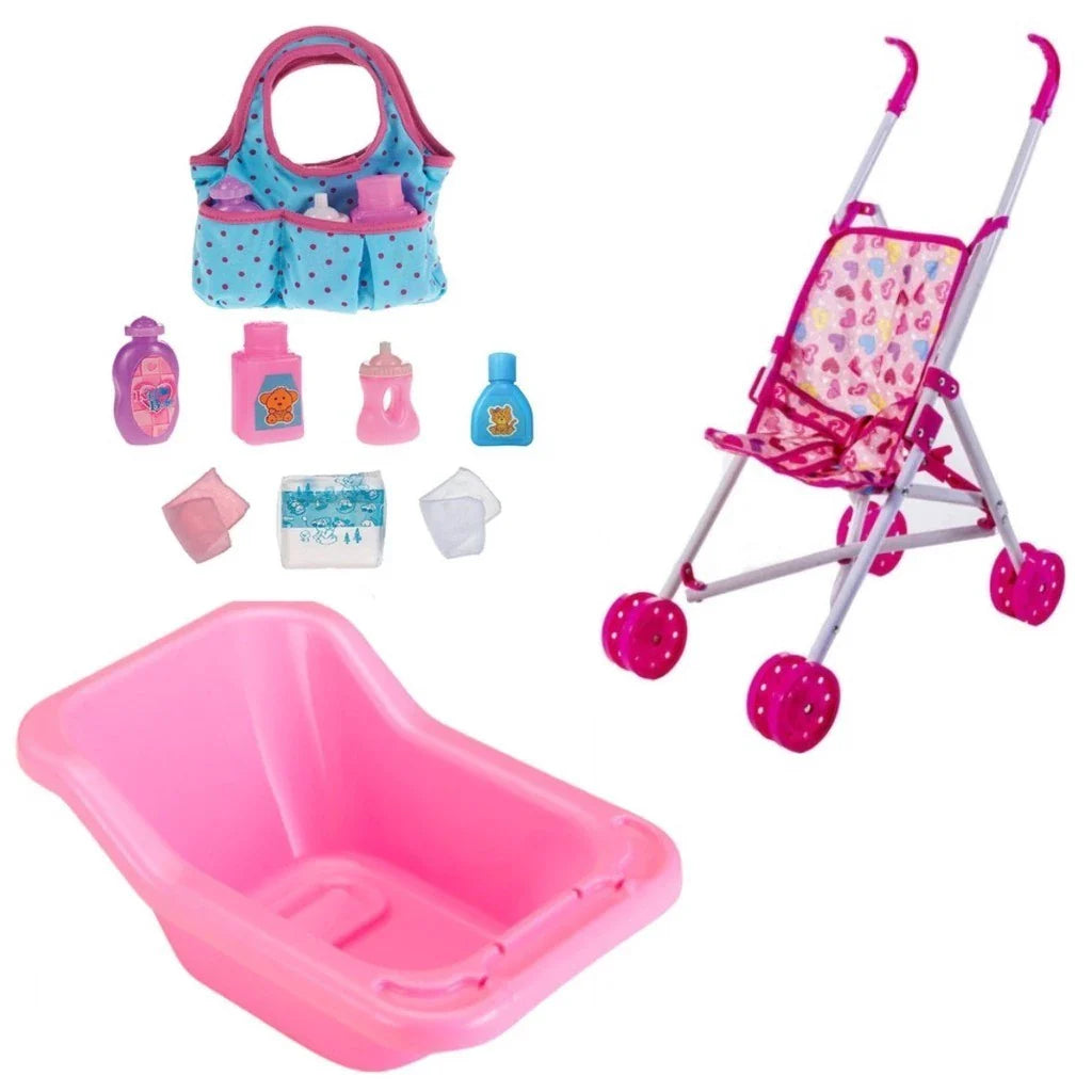 Kit Completo Para dar Banho + Carrinho de Passeio e Bolsa com Acessórios