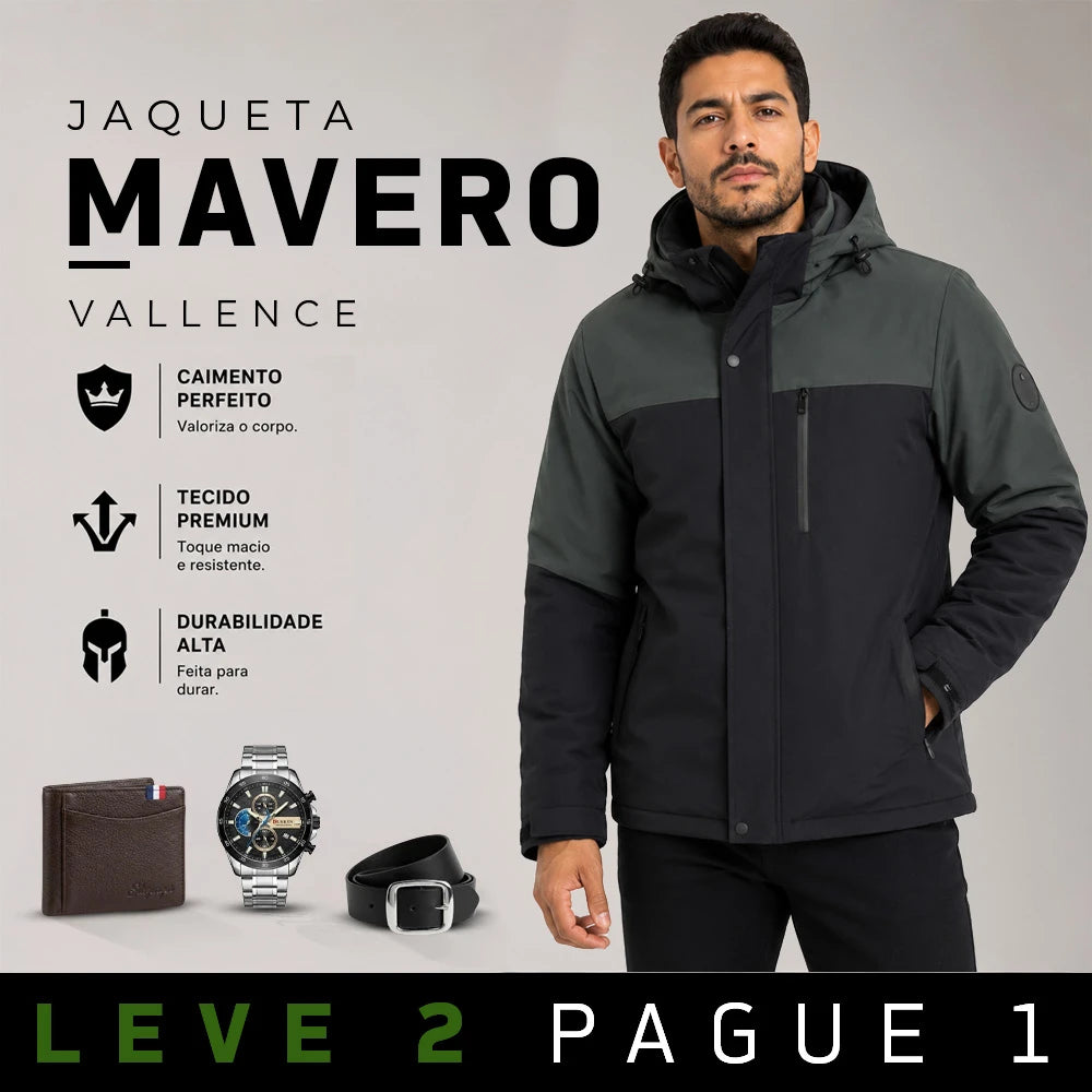 Jaqueta Masculina Mavero em Interior Forrado Térmico a Prova D'Água e Capuz Removível +BRINDES: Relógio, Cinto e Carteira