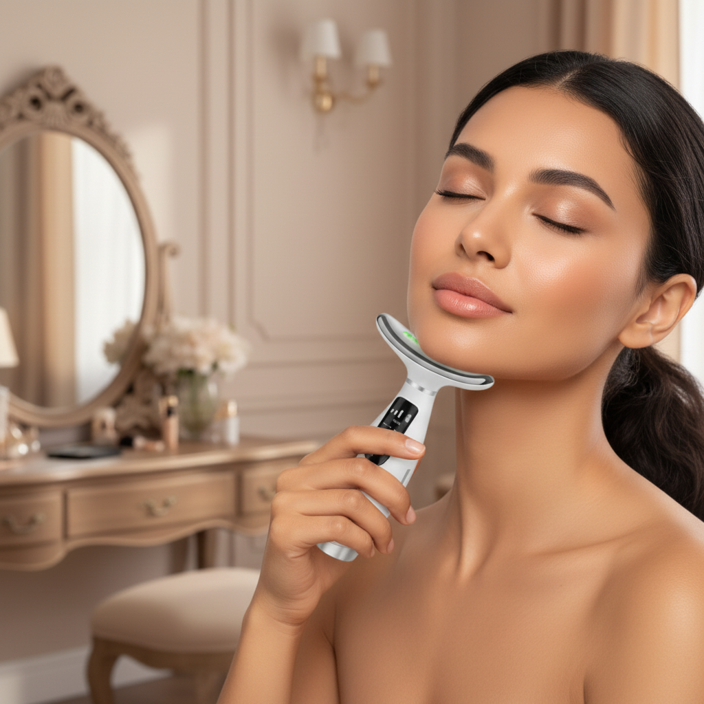 Massageador Facial e Pescoço com LED – Rejuvenescimento, Relaxamento e Pele Radiante